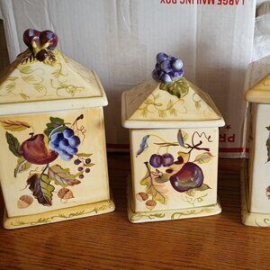 Capriware Ceramic Canisters Hand Painted Fruit Design Tuscan Set of 3